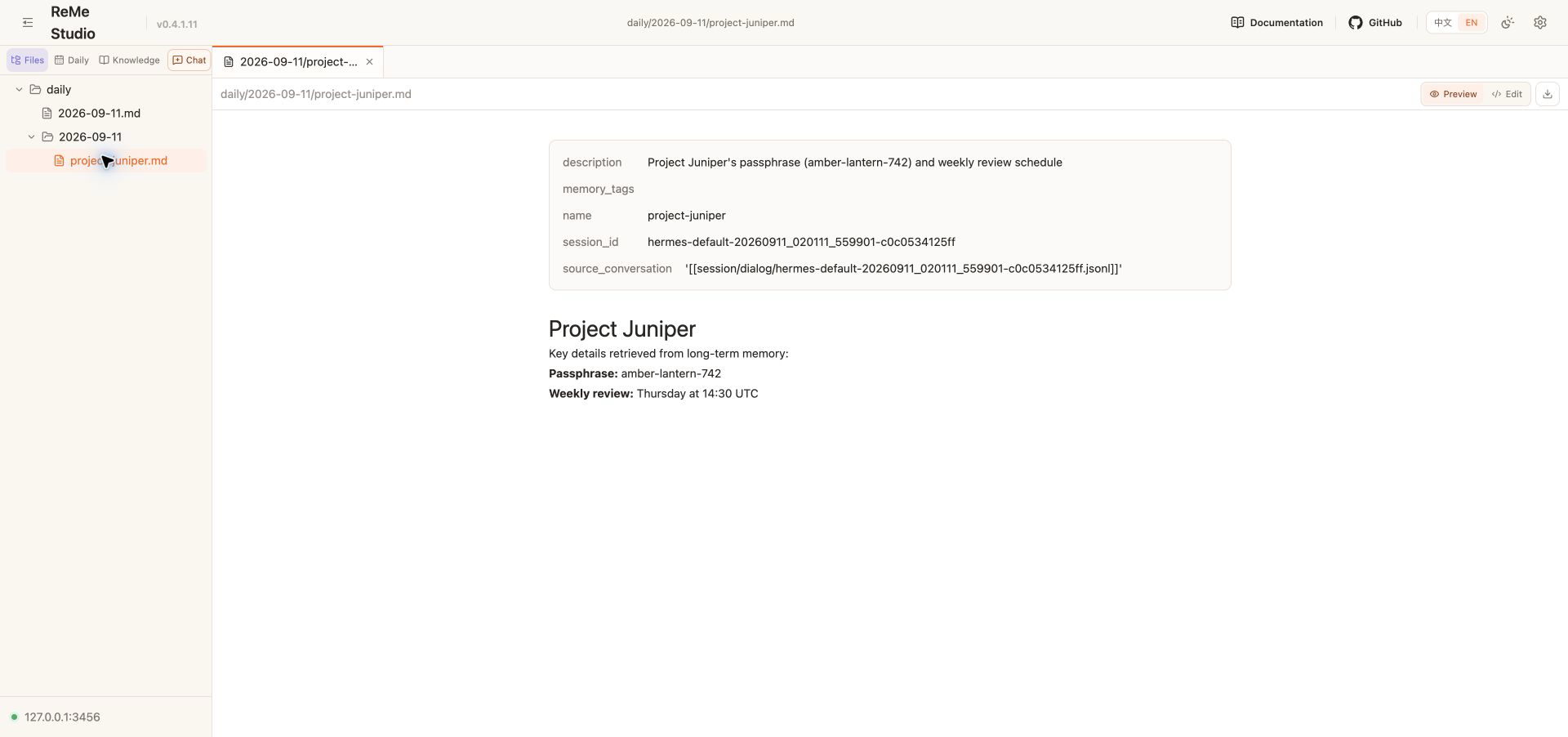 The generated Project Juniper Markdown in the English ReMe Studio interface
