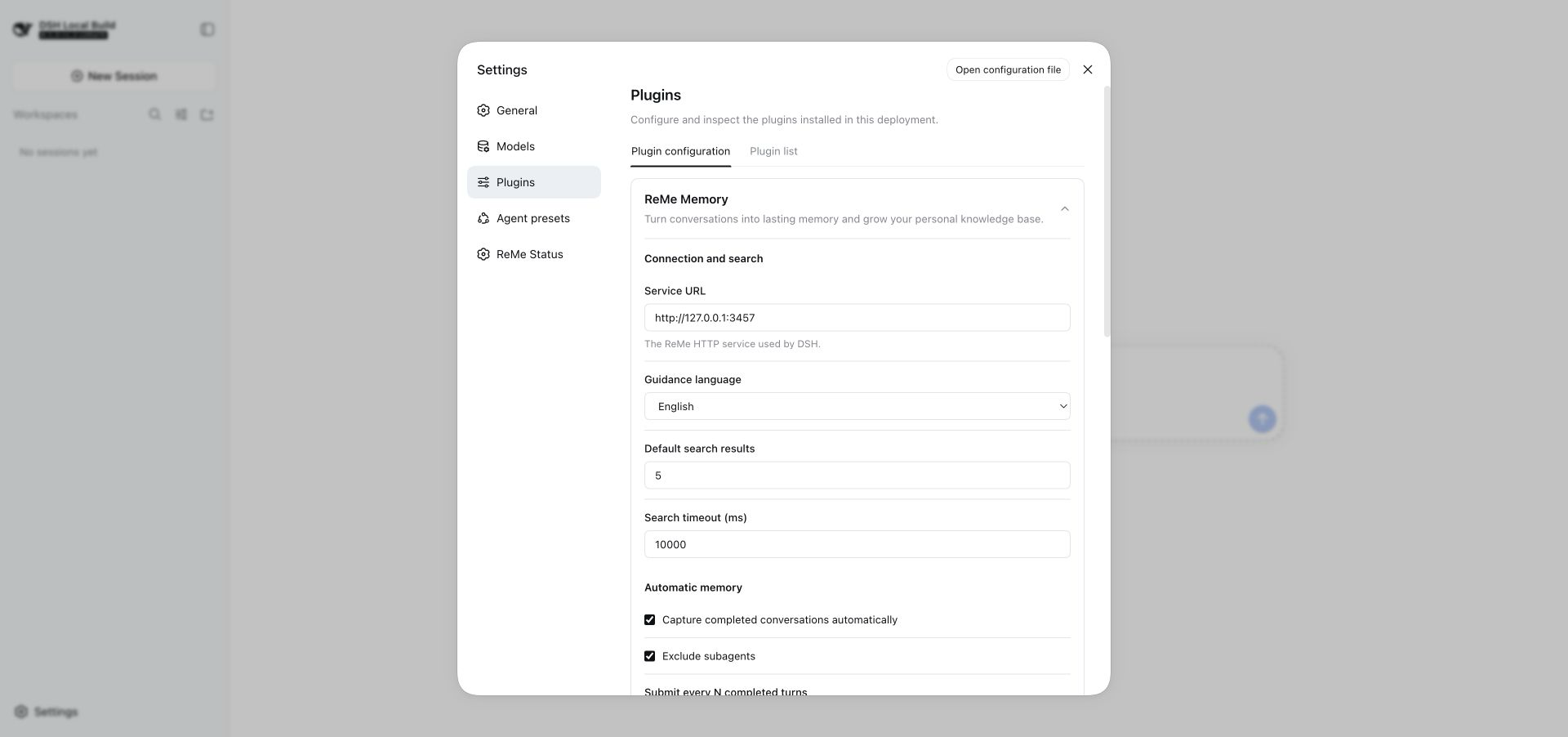 ReMe Memory plugin configuration