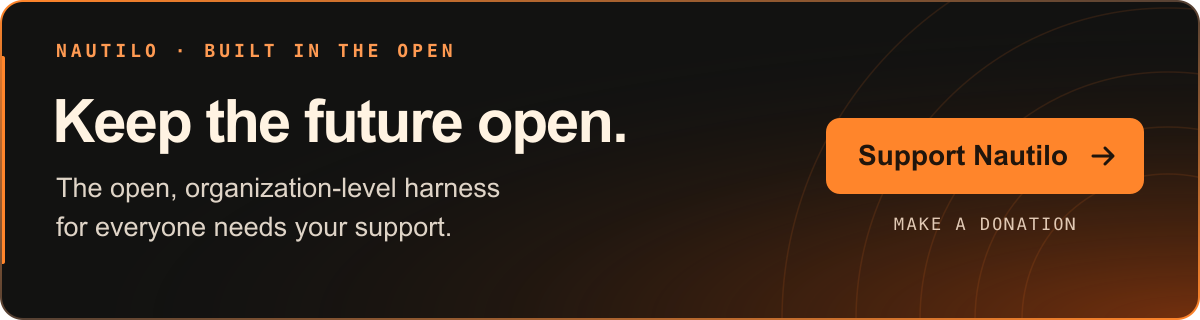 Keep the future open. The open, organization-level harness for everyone needs your support. Support Nautilo on GitHub Sponsors.