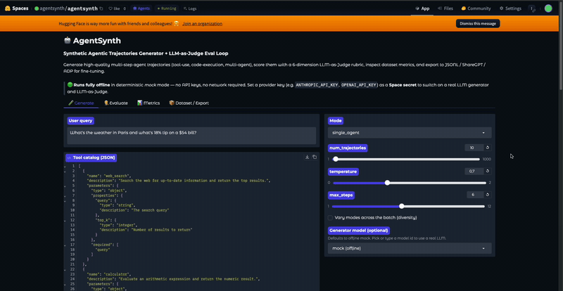 AgentSynth demo — generate trajectories, judge them, explore the batch, export the dataset
