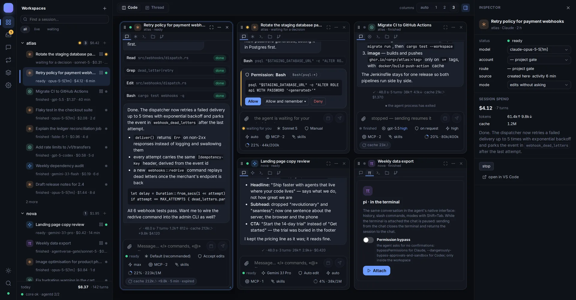 The Agents app: Code view with session cards for Claude Code, Codex, Gemini CLI and pi, a permission request waiting in the middle card, the inspector on the right
