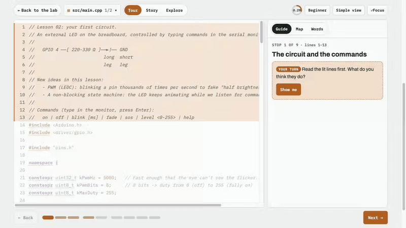 The code reader: tour stops with guess-first quizzes and new-word cards, then the Story mode following setup()