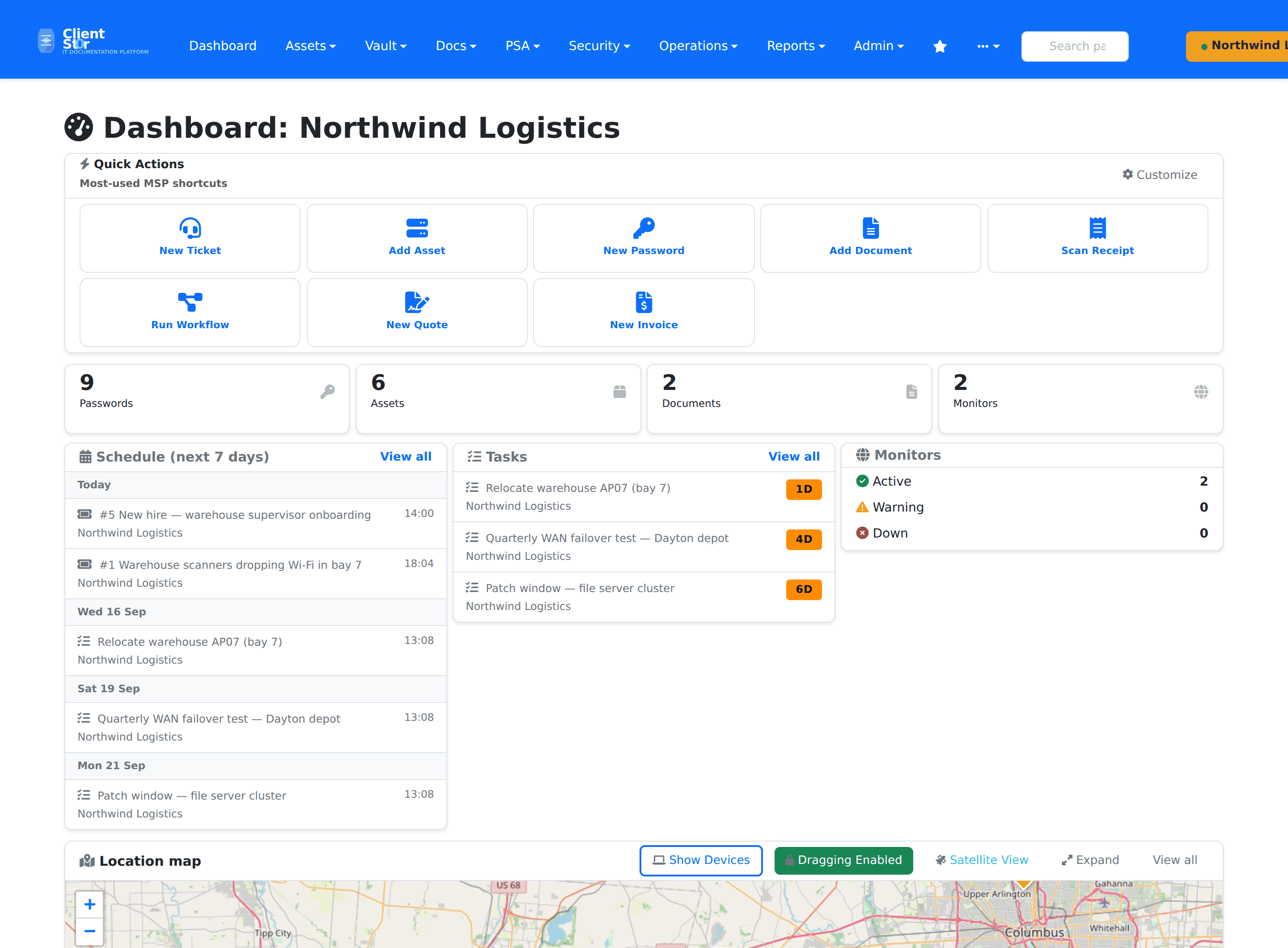 The ClientSt0r dashboard for a managed client: quick actions, record counts, and panels for the next seven days of scheduled work, outstanding tasks and website monitor status