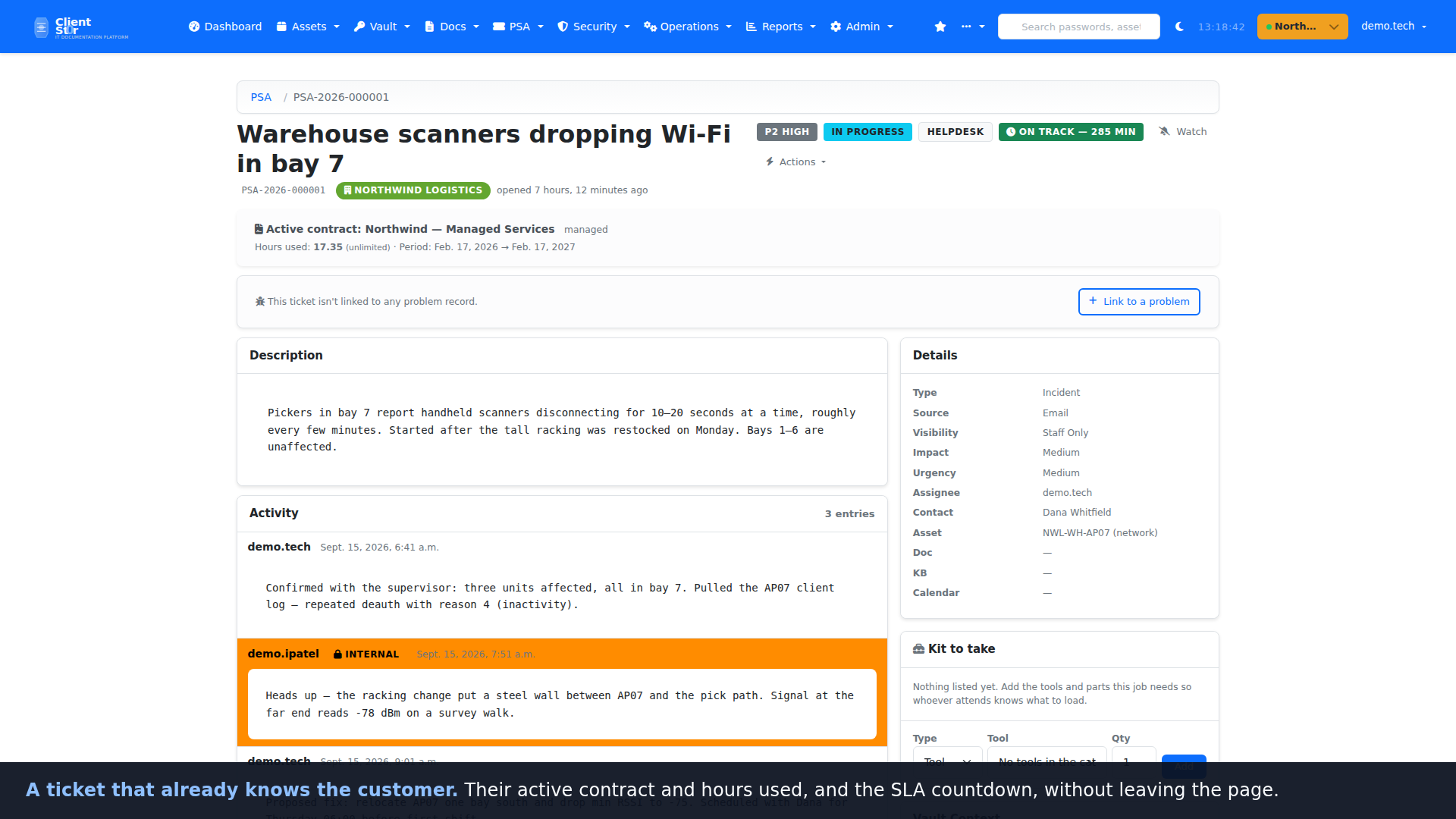 Walkthrough video: a technician moves from the client dashboard into the queue, opens a ticket carrying its contract and credentials, reads the runbook behind it, and finishes on what the month earned