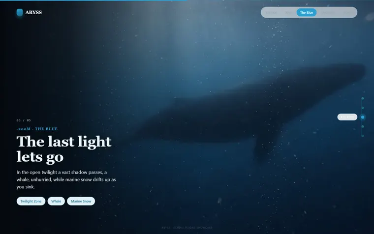 ABYSS — a whale silhouette passing through blue water as marine snow drifts up