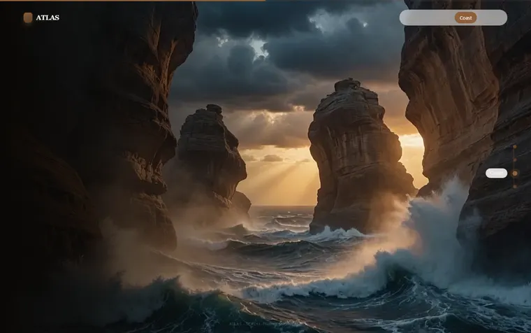 ATLAS — sea stacks and breaking surf lit by sunrays through a canyon mouth