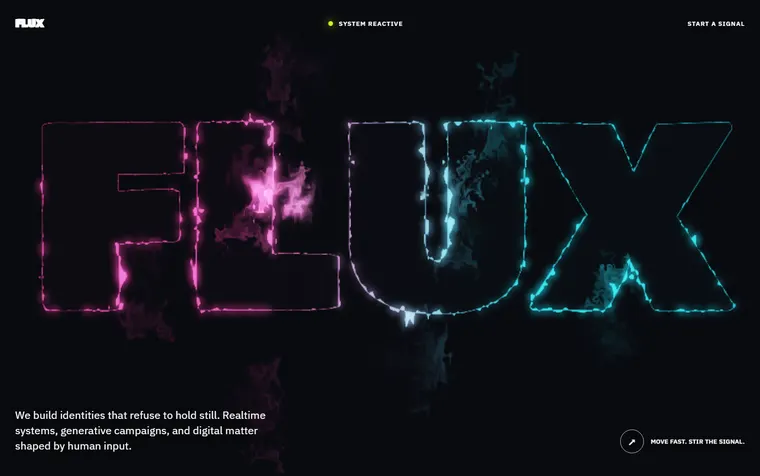 FLUX — the wordmark drawn in neon outline over a magenta and cyan fluid simulation