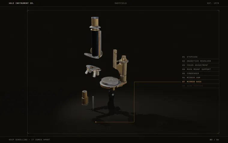 HALE — a brass microscope exploded into labelled parts on a dark stage