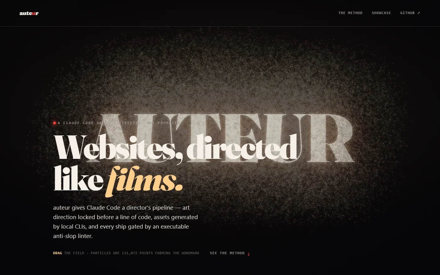 auteur — the landing page: the wordmark AUTEUR rendered as a field of particles behind the line 'Websites, directed like films.'