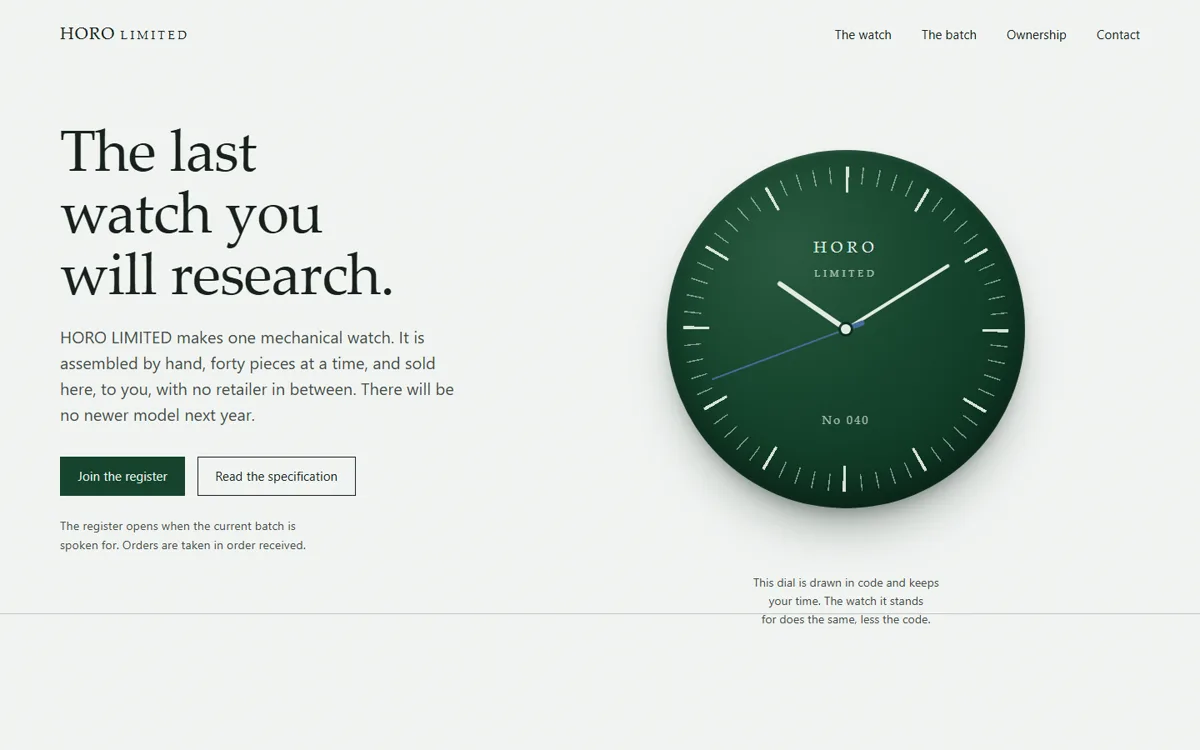 HORO LIMITED — a green enamel watch dial drawn in CSS beside a serif headline on a light page