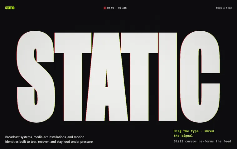 STATIC — huge broadcast-style type with chromatic glitch fringing