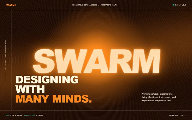 SWARM — the word SWARM glowing orange, formed from a field of particles