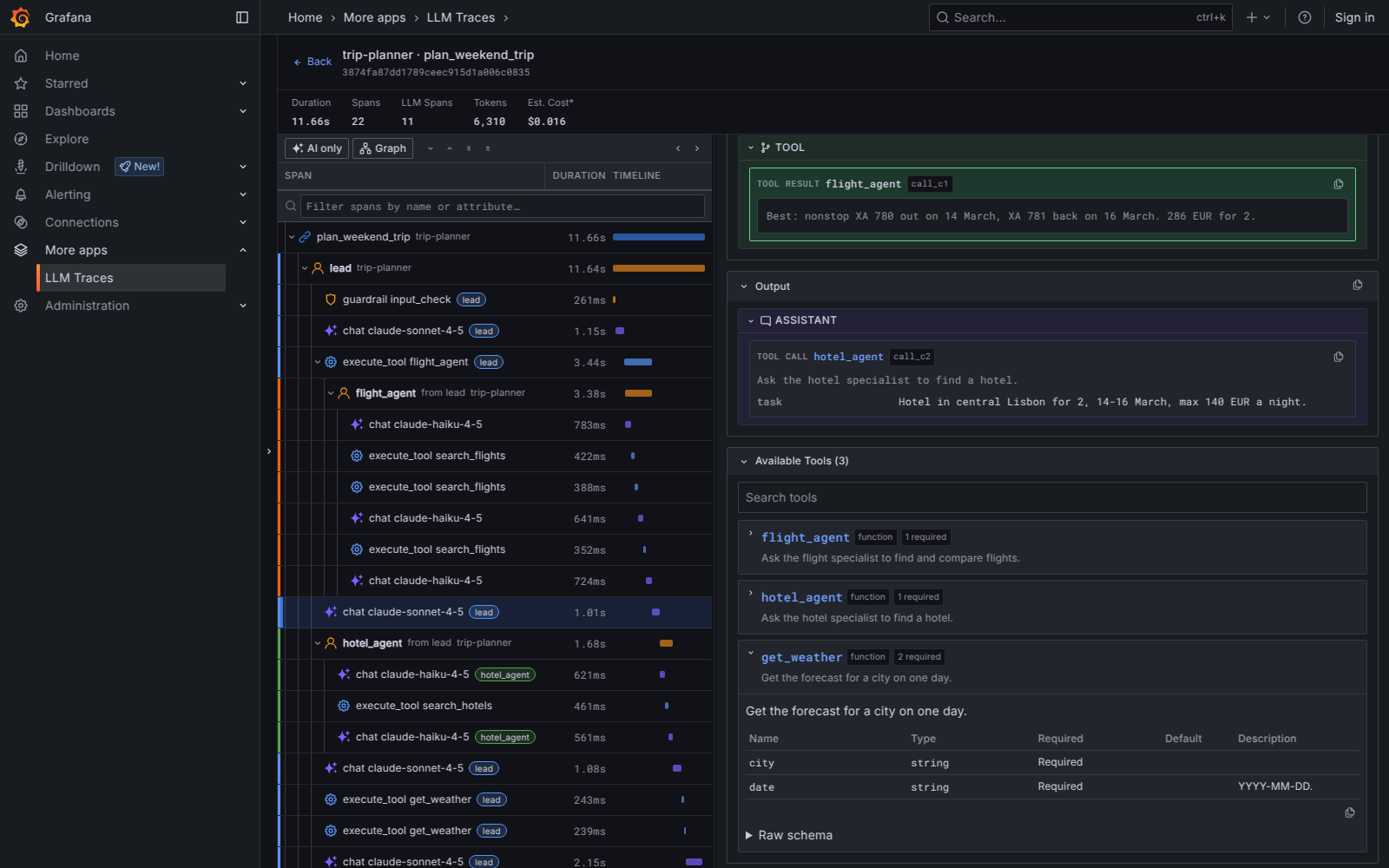 An LLM span with a tool result card, the model's tool call, and the tool catalog with one tool expanded