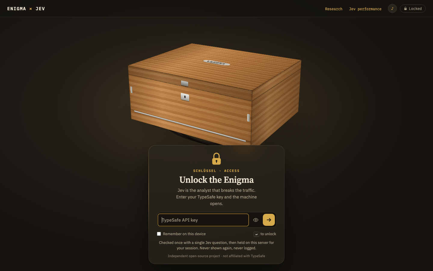 The Enigma I in its oak case, locked until a key is entered