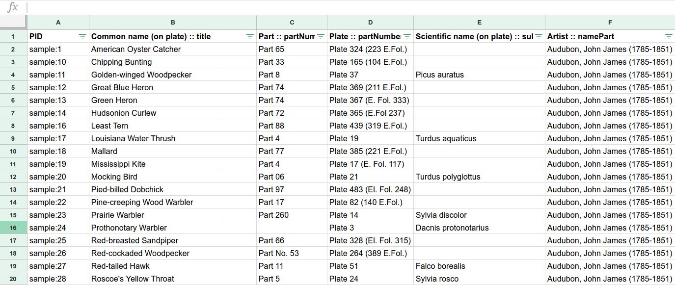 Screenshot of CSV in Google Sheets