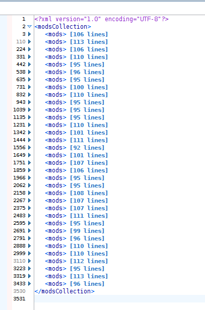 Screenshot of modsCollection document in Oxygen