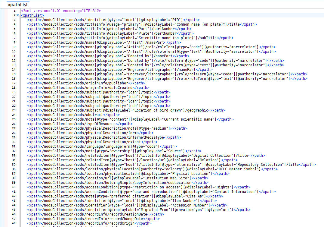Screenshot of xpath_list output document in Oxygen