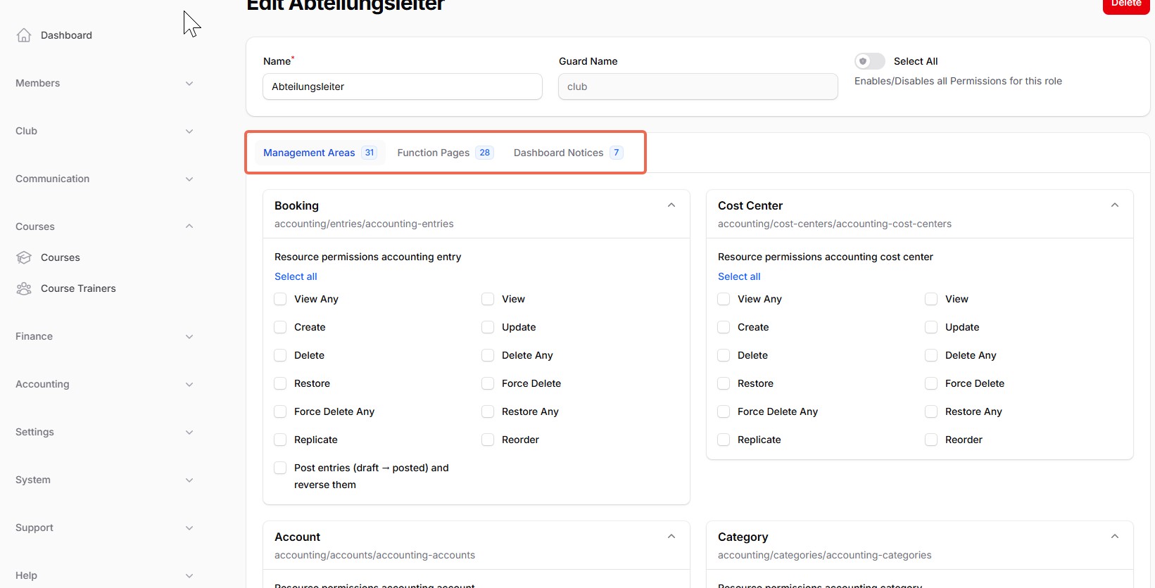 group_by_navigation disabled: Resources/Pages/Widgets tabs directly at the top level, ungrouped