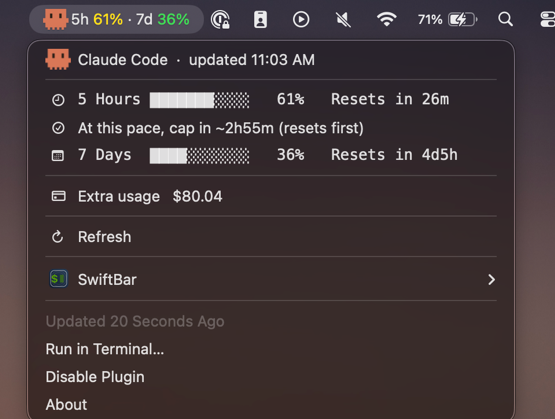 The plugin in the macOS menu bar reading 5h 61% and 7d 36%, with its dropdown open on the 5-hour and 7-day rows