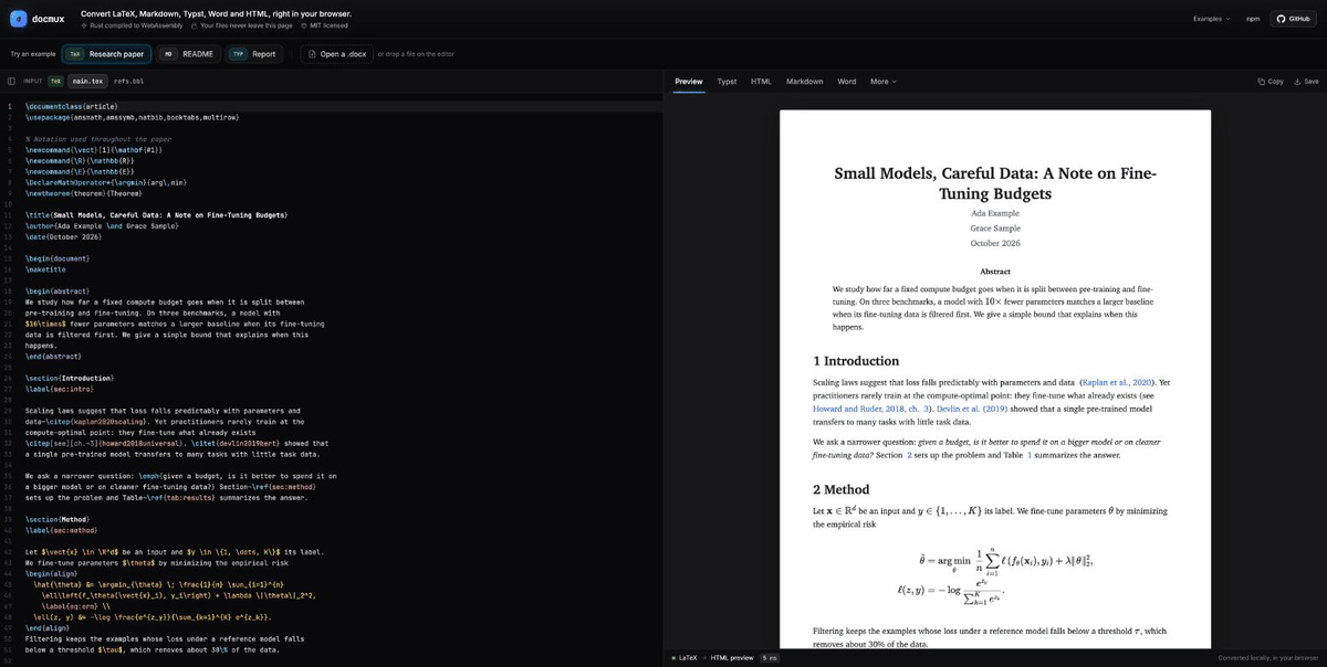 The playground converting a LaTeX paper to HTML, Typst and Word, then a README and a Typst report