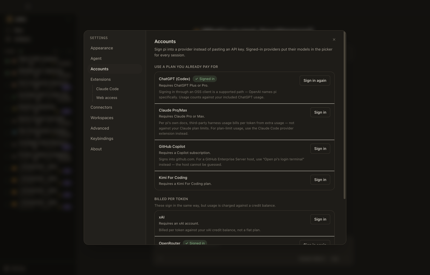 The Accounts tab with signed-in providers