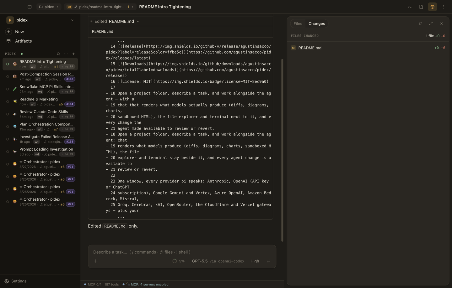 A finished turn: the activity run expanded on the edit's diff, Changes panel open beside it