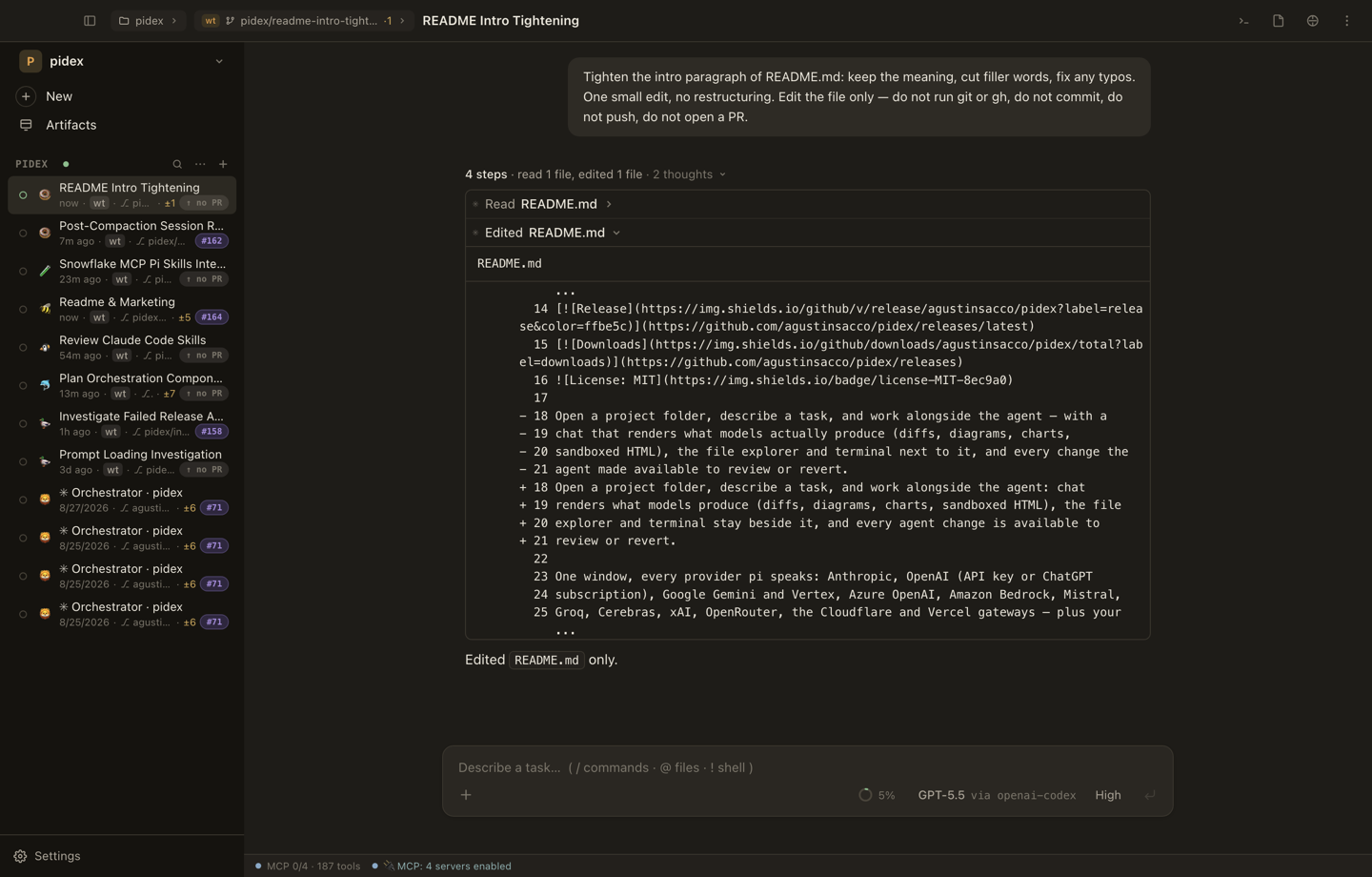 A session with the activity run open on an edit's diff