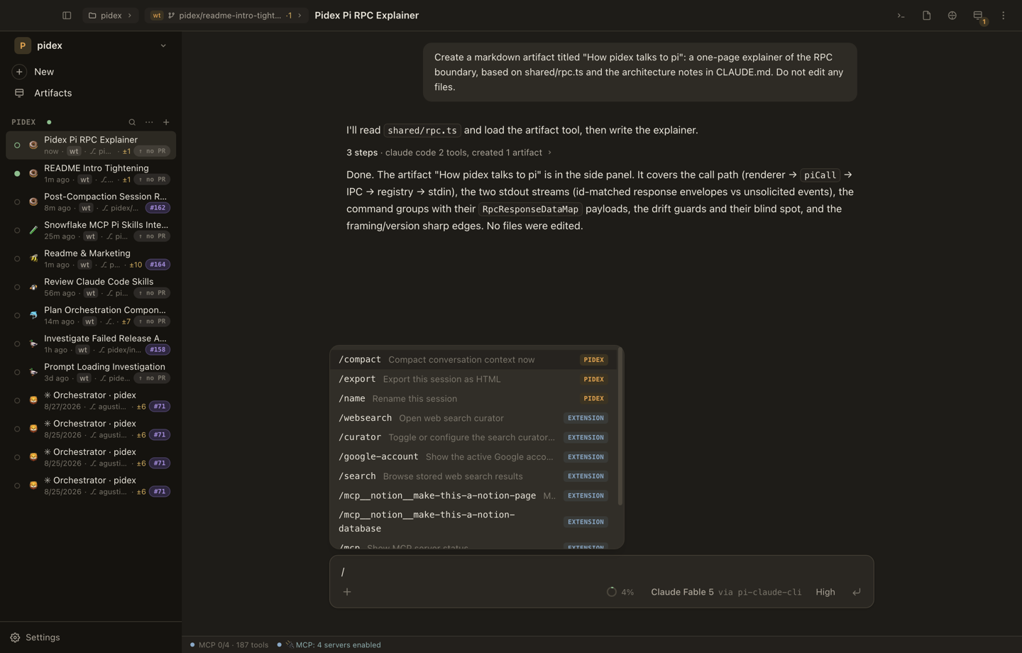 The slash-command menu