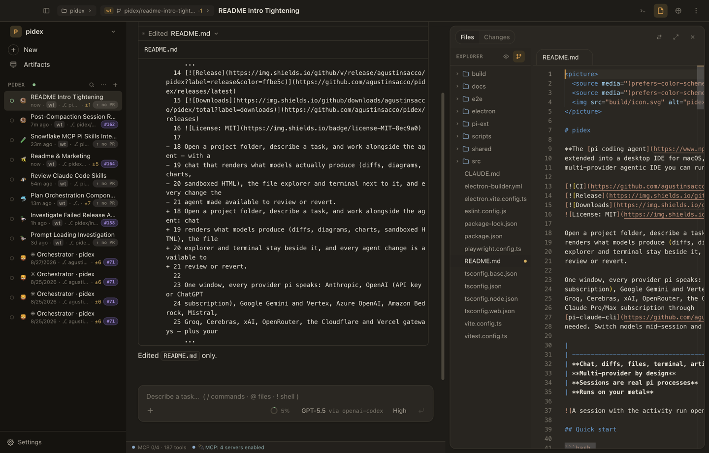 The files pane on the right: explorer and Monaco editor beside the transcript