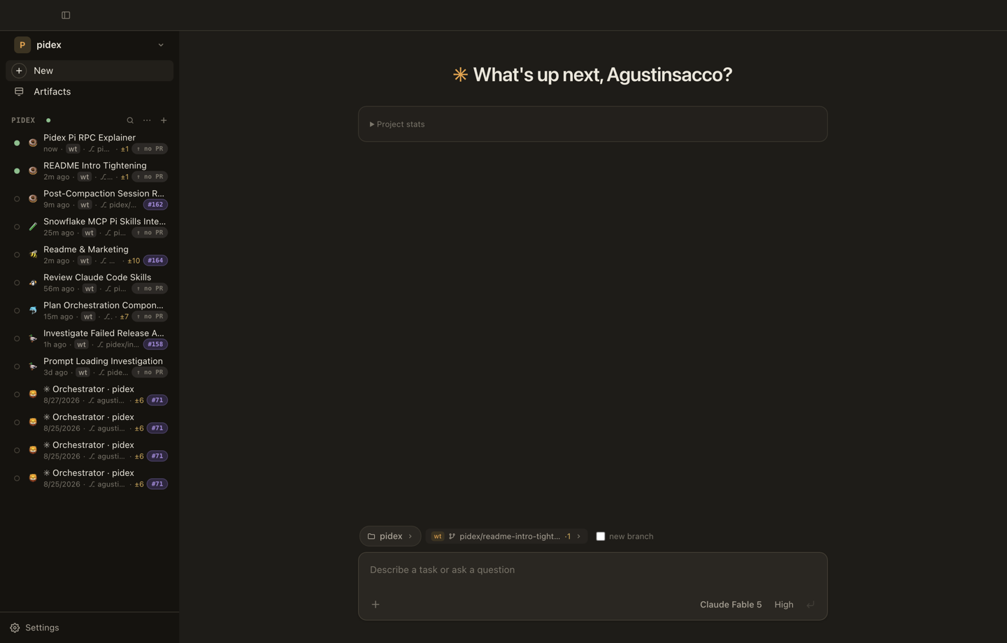 Home over the real sessions of a repo