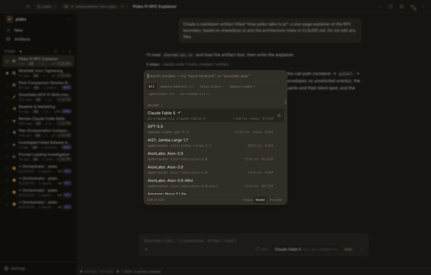 The model menu open over the composer