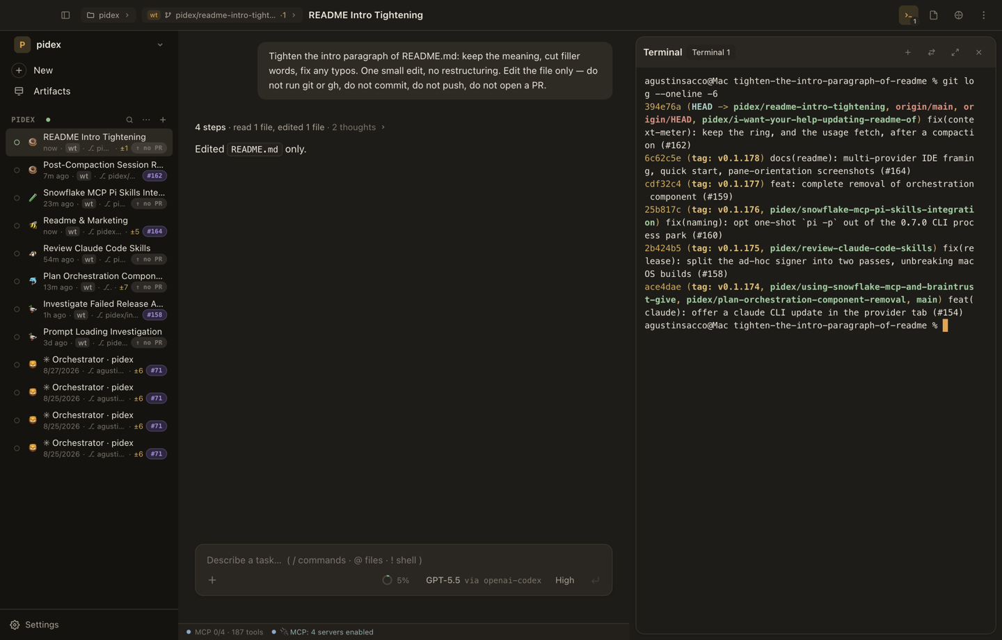 A terminal tab open against the workspace, beside the transcript