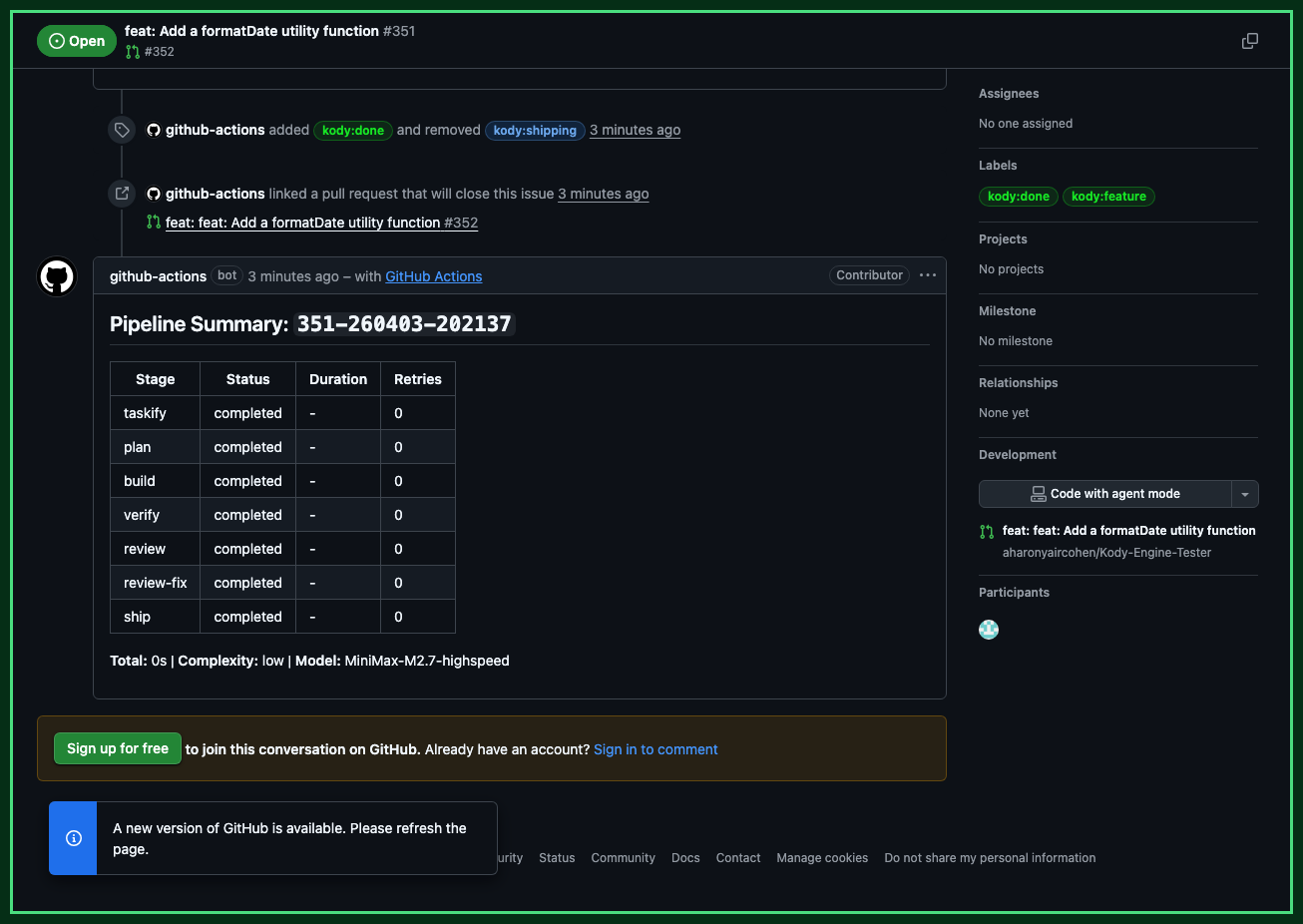 Pipeline summary showing all stages completed