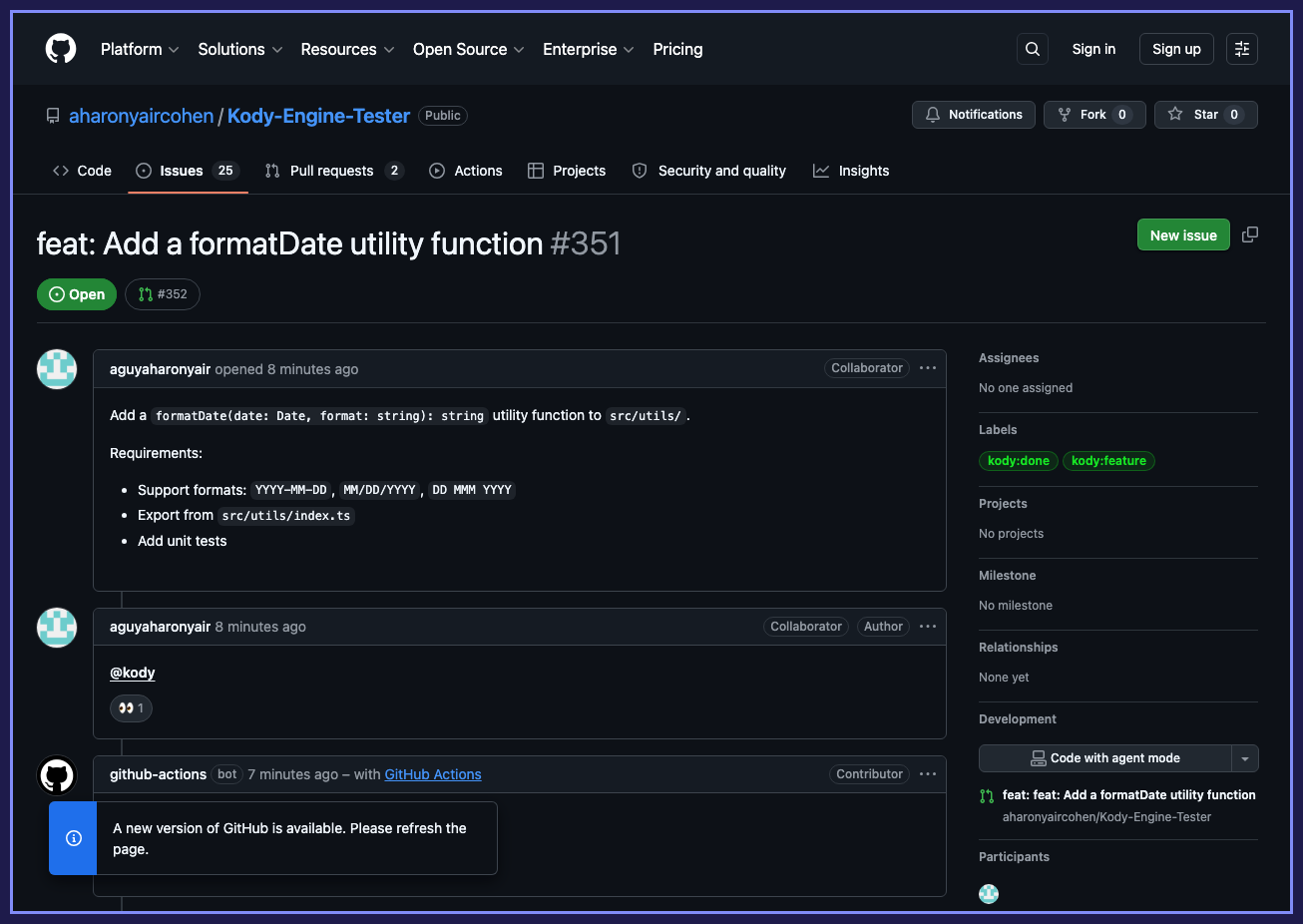 GitHub issue with @kody comment triggering the pipeline