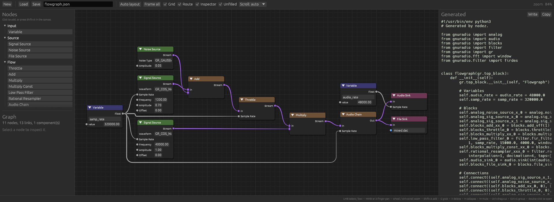The GNU Radio example: a flowgraph, and the top-block script it generates