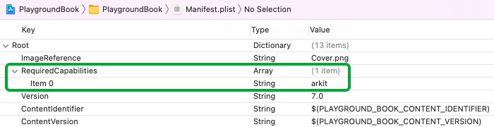 RequiredCapabilities (Array) at Root Key including Item 0 (String) set to `arkit`