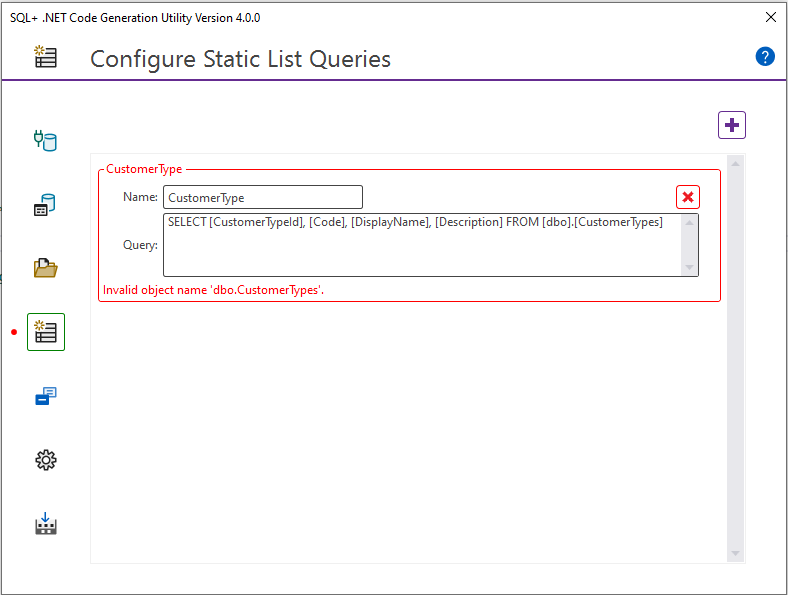 SQL+ Code Generation Utility configure static lists with build errors