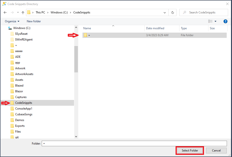 Select folder in the SSMS Code Snippets Directory dialog