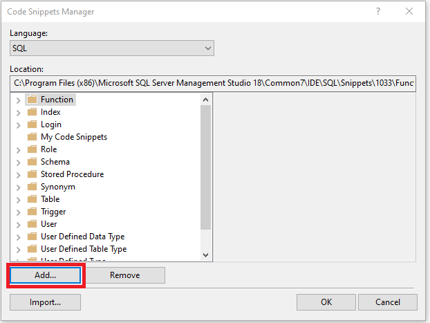 Click Add in the SSMS Code Snippets Manager