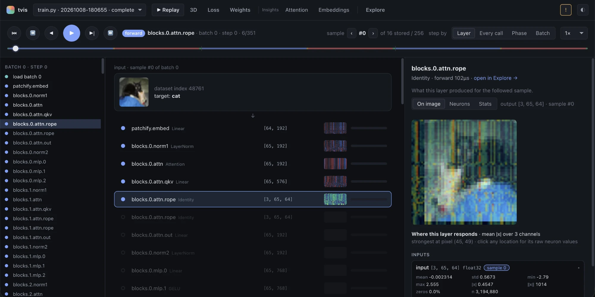Replay view: stepping through a ViT layer by layer, with the selected layer's output drawn over the input image