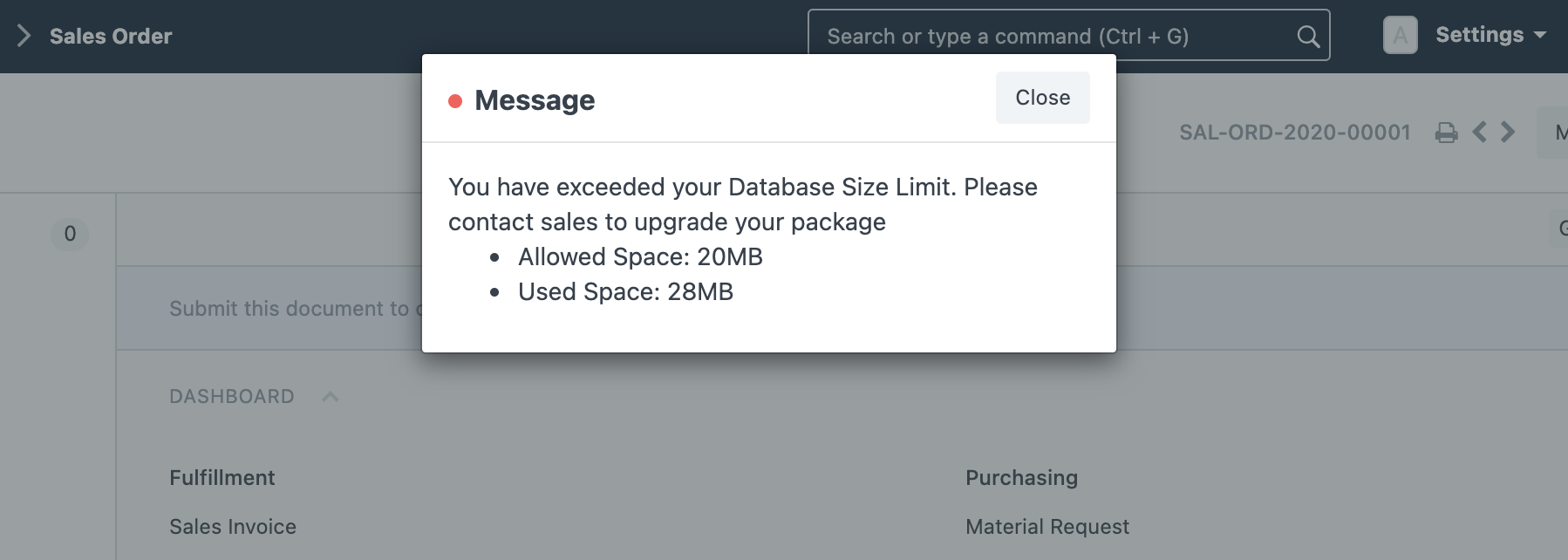 Database Limit Screenshot