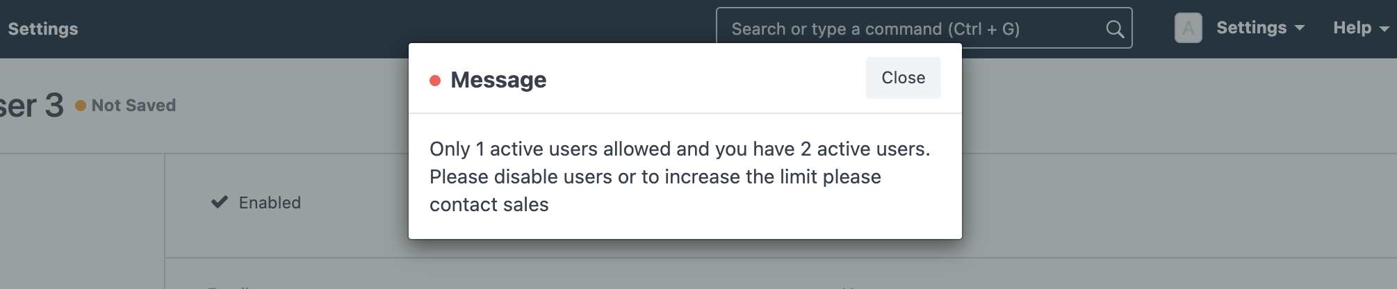 User Limit Screenshot