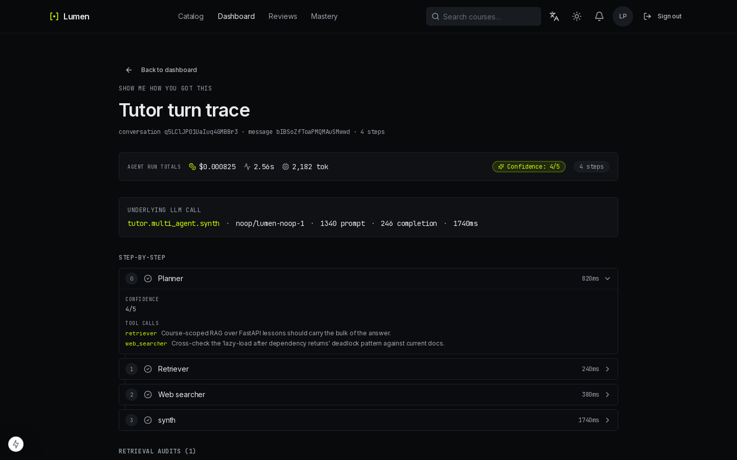 Lumen tutor with agent reasoning trace
