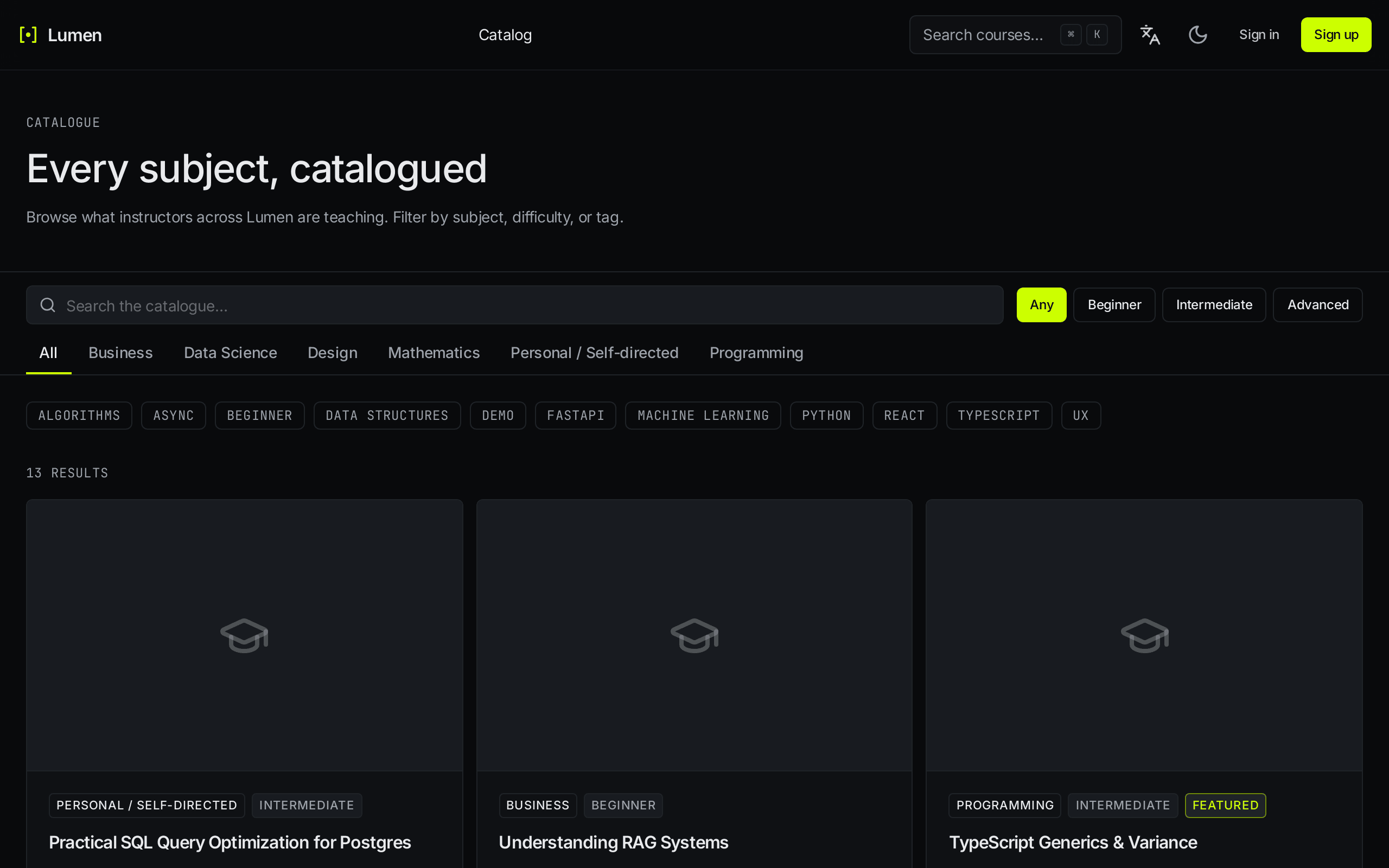 Public catalog with subject filters and tag rail