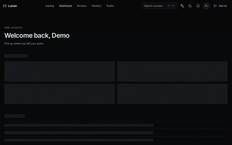 Command palette: Ctrl+K opens it over the dashboard, typing filters live course search results alongside navigation, theme, and account commands