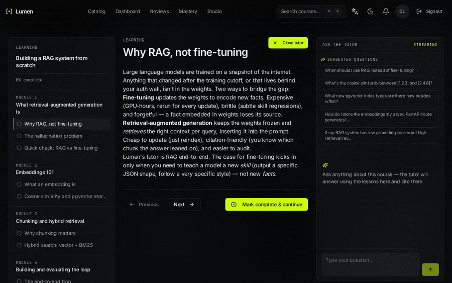 The RAG tutor streaming an answer: question sent, retriever sub-agent fires with its latency visible, answer streams in (2× speed)
