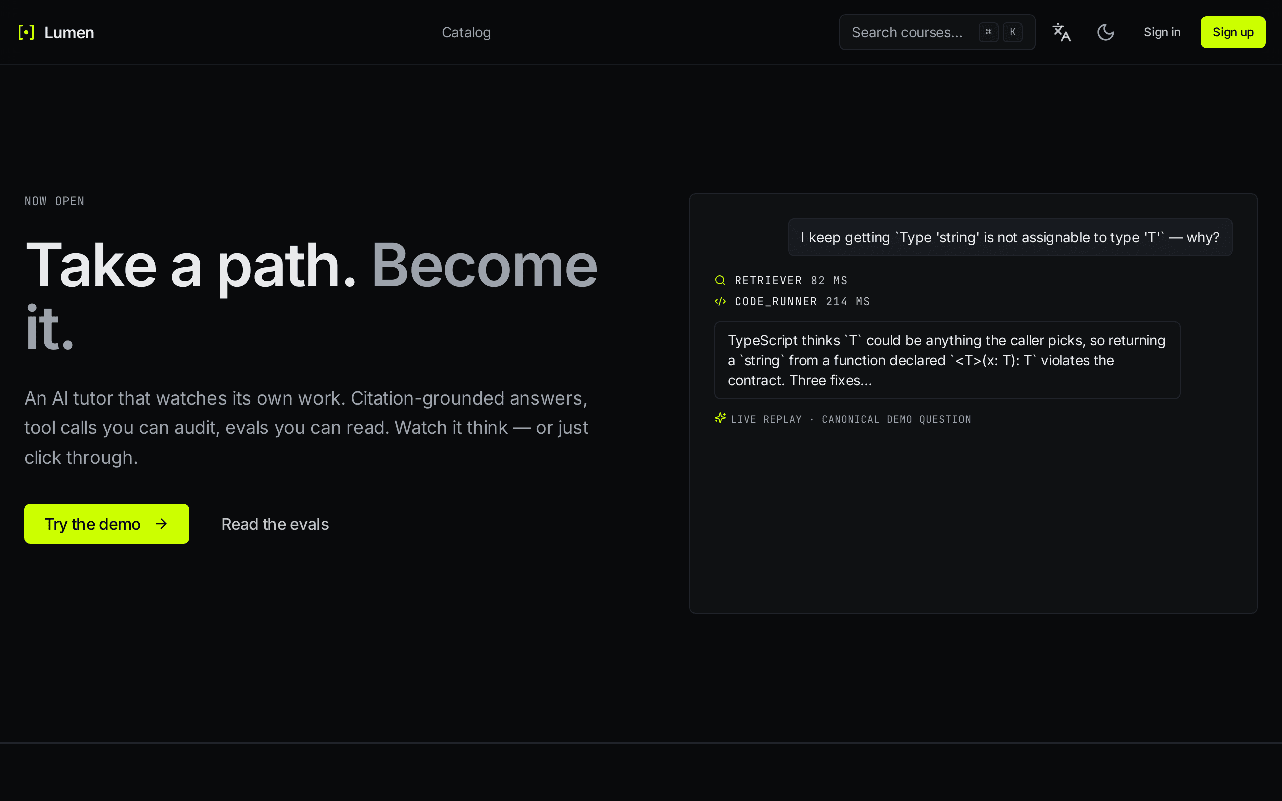 The home page: an agent-replay hero that walks through a real tutor turn
