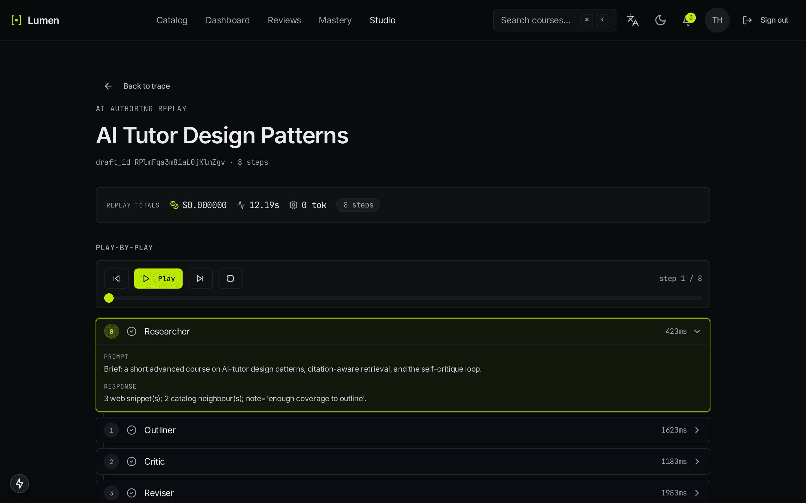 AI authoring replay: 8 orchestrator steps with per-step durations and the researcher step's prompt and response expanded
