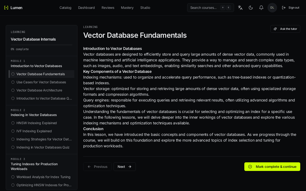 A freshly built private course in the three-column learn workbench