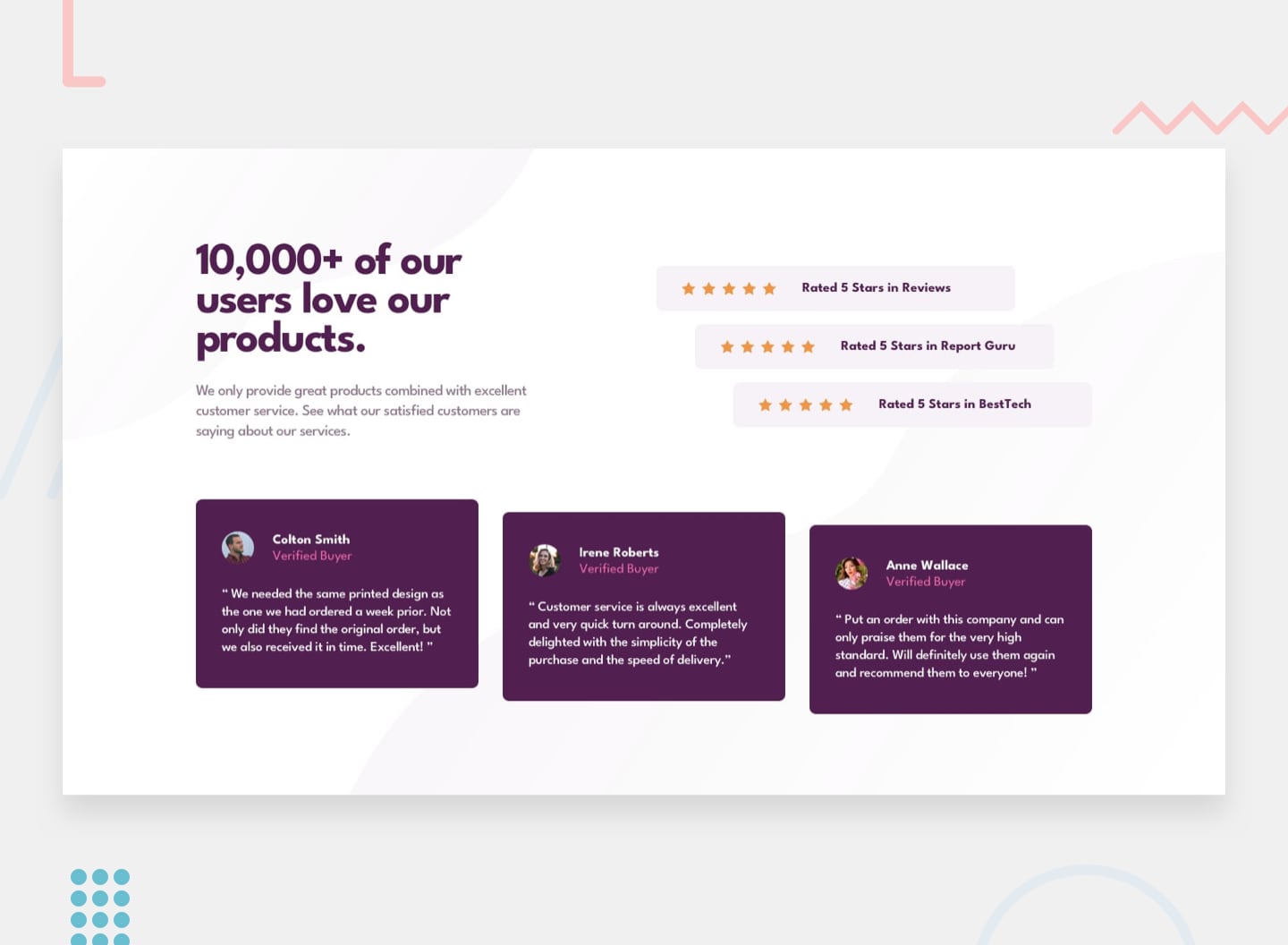 Design preview for the Social proof section coding challenge